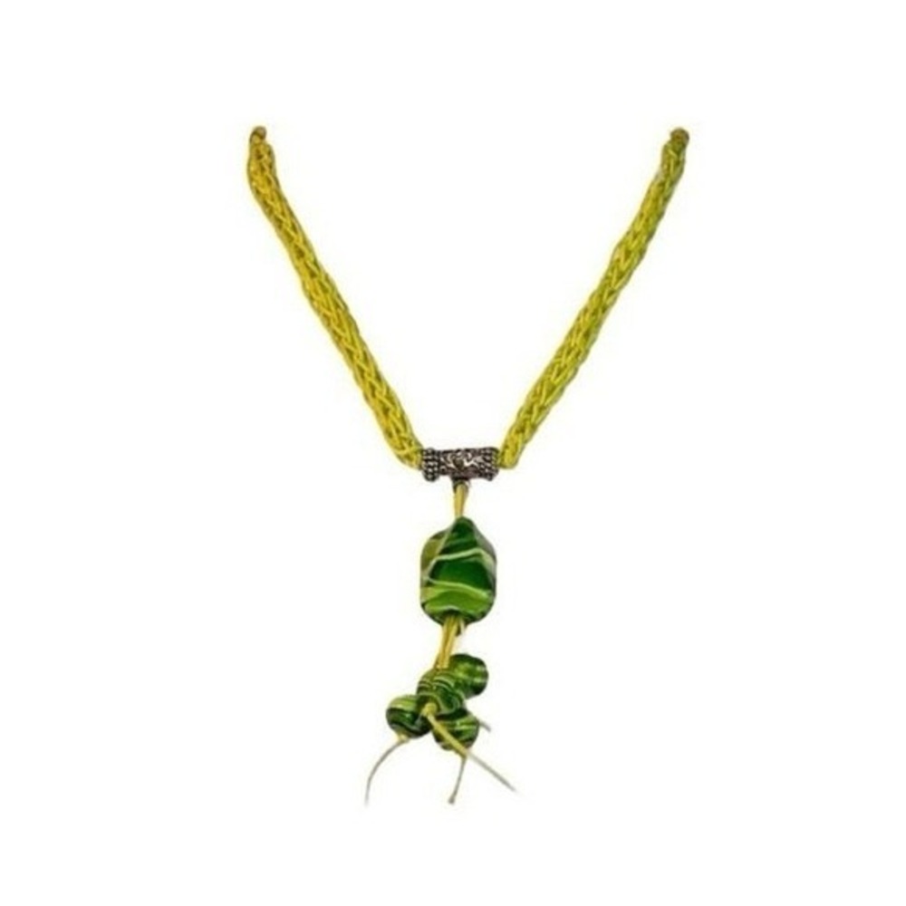 Hand Crafted Beaded Necklace Green White Glass Lime Green Macrame Cord Claw Clos